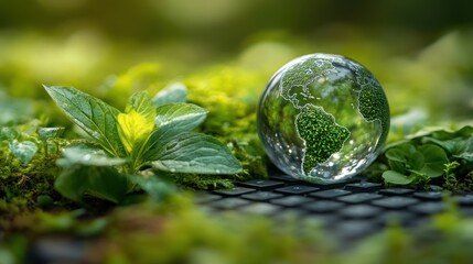 Glass Earth on mossy keyboard, nature theme, environmental concept