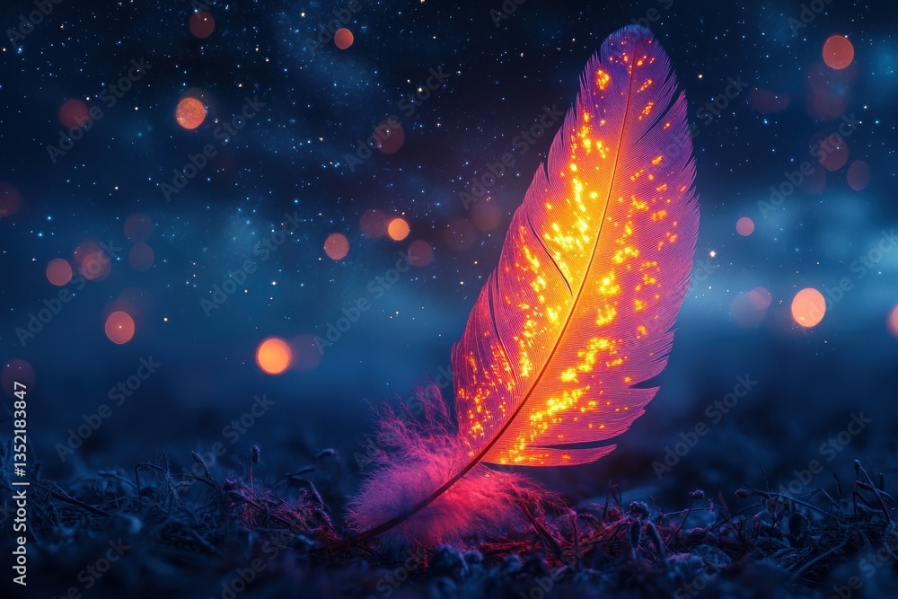 Poster a glowing feather rests on a dark surface, illuminated by surrounding lights, creating a magical and