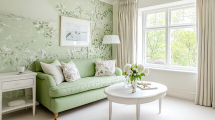 serene interior design featuring light green sofa adorned with floral cushions, complemented by white coffee table and soft