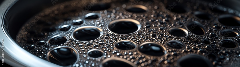 Poster an intimate view of bubbling foam, emphasizing intricate textures and reflections with a dark backdr