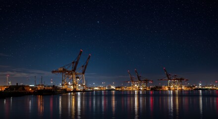 Obraz premium Cargo Cranes at Night Reflecting in Water Under a Starry Sky