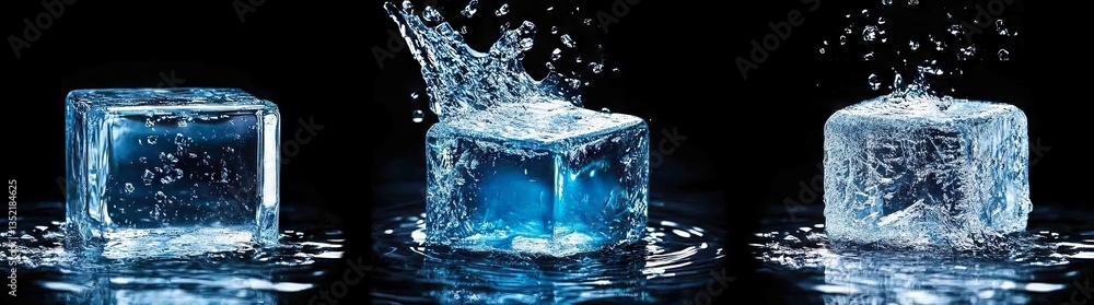 Poster a close-up image of an ice cube dissolving, surrounded by sparkling droplets, producing a cool, invi