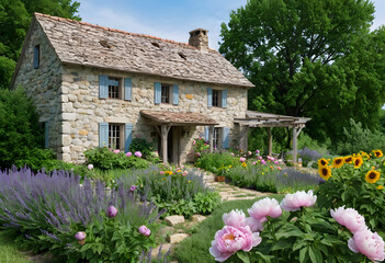 A charming stone farmhouse surrounded by a lush garden of blooming peonies, sunflowers, and lavender.