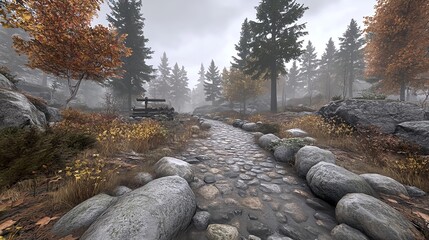 Scenic Pathway Through Autumn Forest with Misty Ambiance