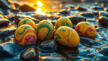 Vibrant marbled Easter eggs rest on smooth, wet stones, reflecting the golden hues of a sunset, creating a mesmerizing fusion of colors and textures