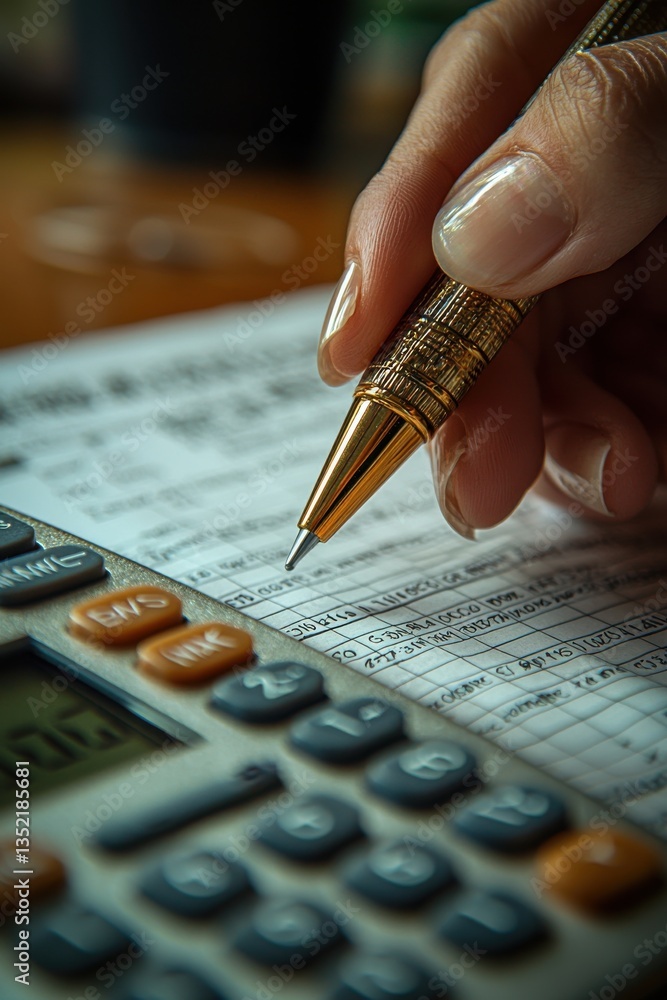 Poster person performing calculations using a calculator while reviewing documents