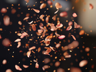 Soft-focus cherry blossom petals falling in the air