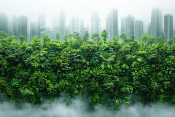 Fototapeta premium A lush green forest juxtaposed with a modern city skyline shrouded in mist, illustrating the harmony between nature and urban life.