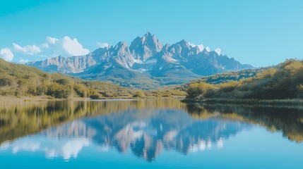 Serene mountain lake reflecting majestic peaks under a clear sky