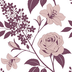 Elegant Purple Rose and Lily Floral Pattern Design for Textile Prints and Fabrics