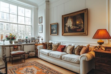 Cosy and stylish interior design of living room with modular white sofa, wooden furnitures, paintings on the wall, decorations, windowsill and personal accessories. Home styling. Template.