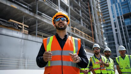 Construction team receives instructions from project manager at downtown site during busy workday