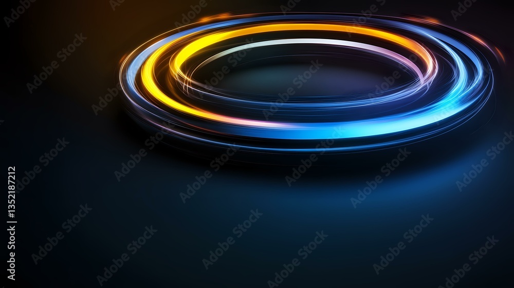 Poster glowing circular light trails create dynamic motion effect against dark background, featuring vibran