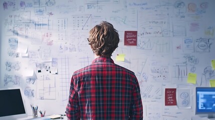 The image depicts a designer or creative professional standing in front of a wall filled with sketches, design drafts, and prototype concepts