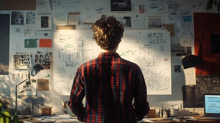 The image depicts a designer or creative professional standing in front of a wall filled with sketches, design drafts, and prototype concepts