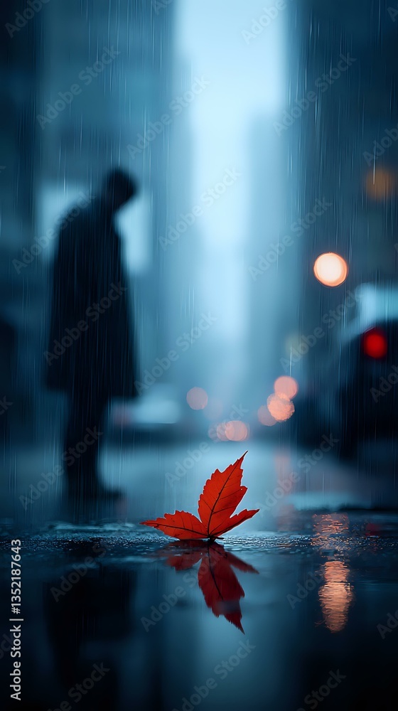 Poster red maple leaf on wet pavement reflects in puddle while silhouette of person stands in rainy urban n