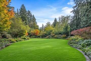 Fototapeta premium Lush Green Lawn Surrounded by Vibrant Trees and Colorful Foliage in Serene Garden Landscape