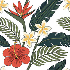 Vibrant Tropical Floral Seamless Pattern Hibiscus Plumeria and Exotic Leaves Design