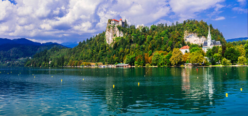 Beauty in nature. Lake scenery - magic lake Bled in Slowenia, popular tourist attraction and one of the most beautiful natural parks in Europe.