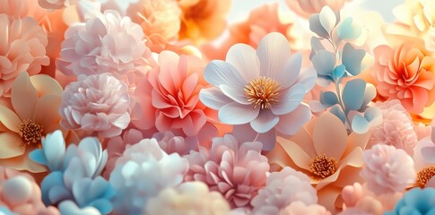 Colorful pastel flowers clustered closely together forming a beautiful display