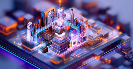 Smart city technology, 3D futuristic hub model. Urban innovation, planning, digital infrastructure, intelligent connectivity. Metropolis data-driven architecture, AI-powered buildings, network system