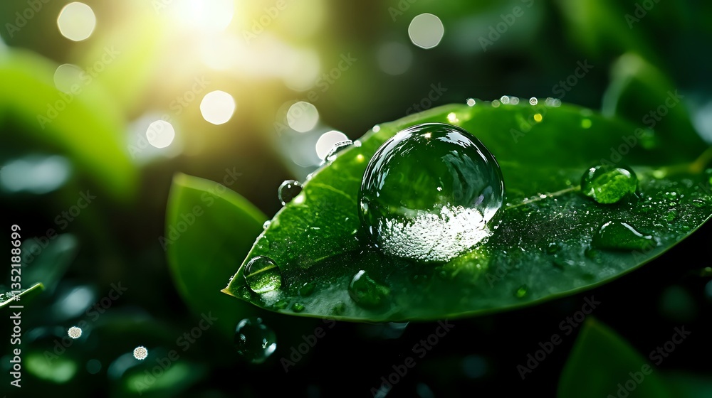 Aufkleber macro photography of morning dew drops on green leaf surface with natural bokeh light effect and sun