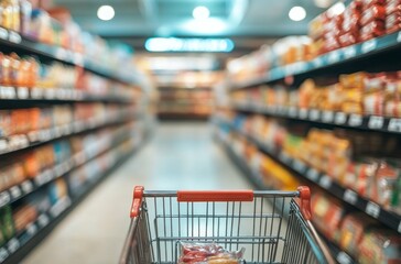 Shopping Cart View in Supermarket Aisle with Groceries and Lighting