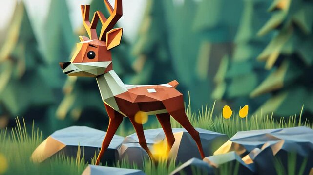 Cute 3D Low-Poly Cartoon Animal Character Illustration of a Happy Deer with Antlers and Silhouette Design