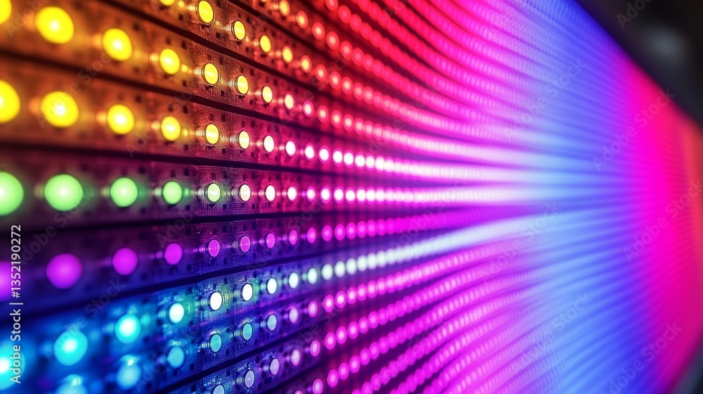 Poster a dynamic close-up of bright led lights, producing a captivating pattern of luminous dots in multipl