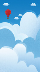 Sky with Air Balloon Surrounded by Clouds Illustrations with Grainy Texture