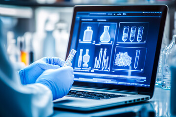 Fototapeta premium Médecin tenant une pipette devant un ordinateur portable affichant des résultats
