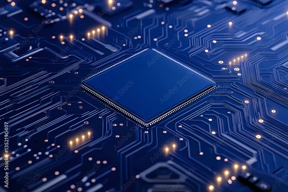 Poster microprocessor on blue circuit board with glowing connections and electronic pathways, central proce