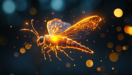 A Glowing Insect With Transparent Wings Floating In The Darkness