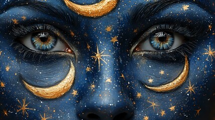 Mystical blue face with golden crescent moons and stars painted around piercing blue eyes, cosmic fantasy makeup art against dark starry background.
