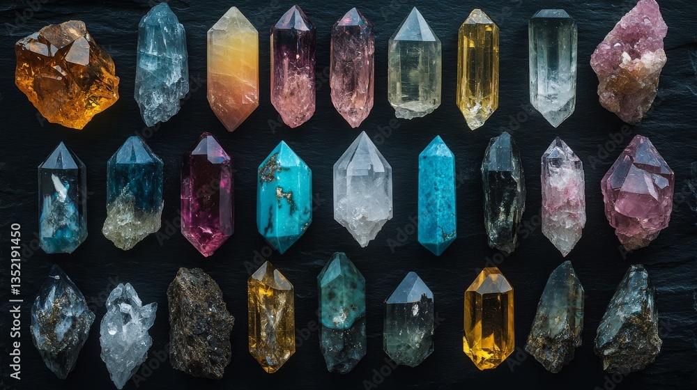 Poster a dynamic collection of richly hued mineral specimens organized in rows, exhibiting a range of textu