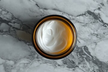 Luxury white face cream in amber glass jar photographed from above on marble surface. Cosmetic moisturizer with smooth texture shows premium skincare product.