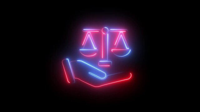 scales of justice, legal symbol, Neon sign, glowing hand, vibrant colors, red and blue neon lights,  balance concept, law firm logo