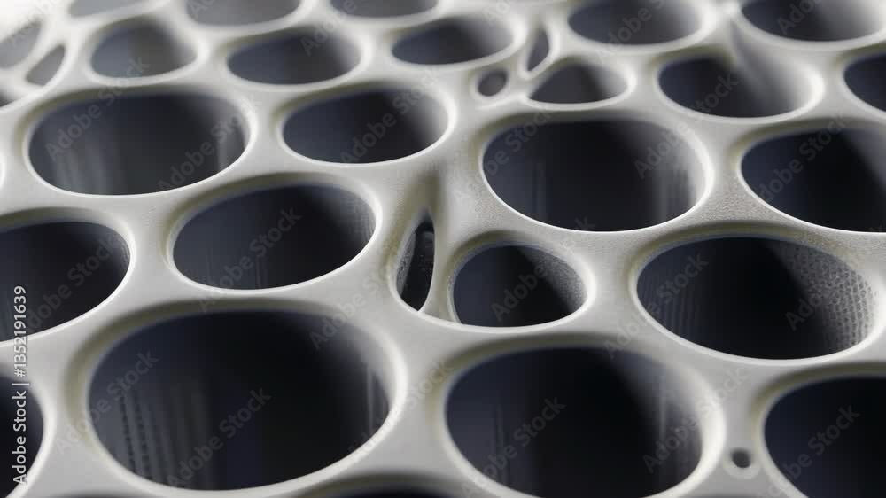 Poster detailed close-up of a complex lattice structure showcasing intricate holes and patterns in a modern