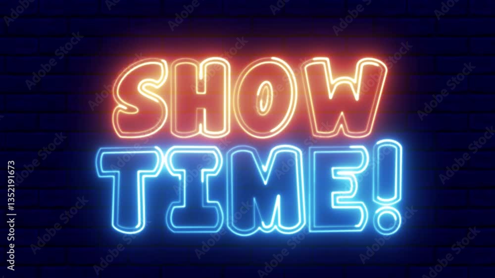 Poster show time neon sign. show time text font with neon light. luminous and shimmering haze inside the le