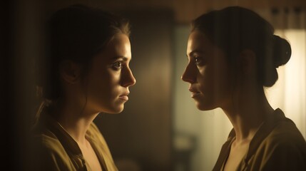 Fototapeta premium Mysterious film still of two women in a dramatic confrontation mirror reflecting ones expression differently soft yellow backlight cinematic style