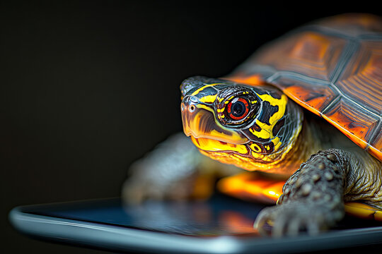 close up of colorful turtle resting on smartphone, showcasing its vibrant shell and detailed features. image captures unique textures and colors of turtle, creating engaging visual