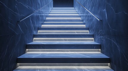 Fototapeta premium Illuminated marble staircase with sleek handrails.