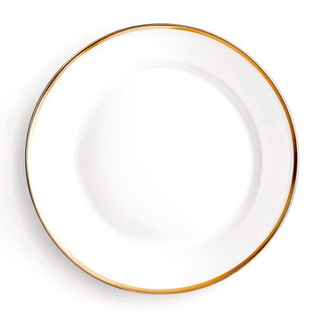 Assiette en porcelaine blanche vide avec liser&eacute; dor&eacute; vue de dessus sur fond blanc