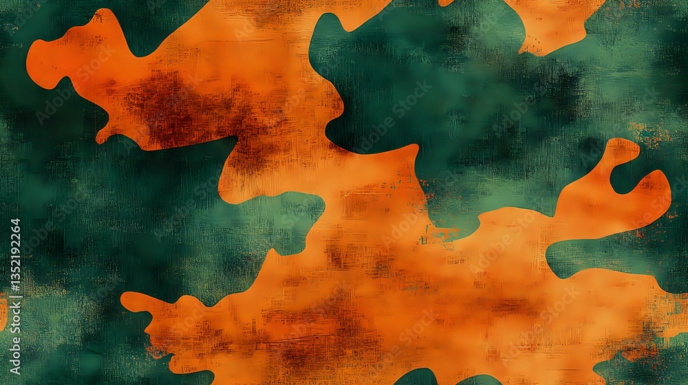 Poster abstract orange and dark green watercolor background with organic fluid shapes creating dynamic cont