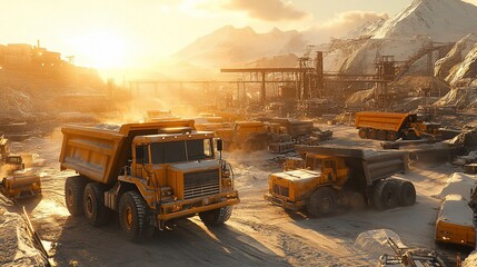 Heavy Industry Mining Trucks at Sunset