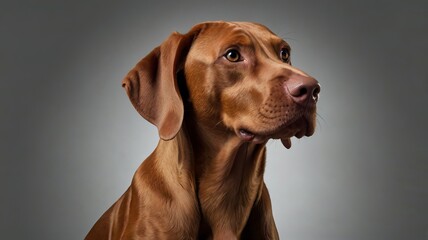 A close-up portrait of a brown dog with expressive eyes, showcasing a calm demeanor and soft fur against a neutral background.