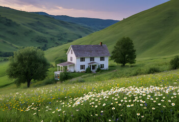 A cozy farmhouse nestled in a valley of rolling hills, with wildflowers like daisies and cornflowers all around.