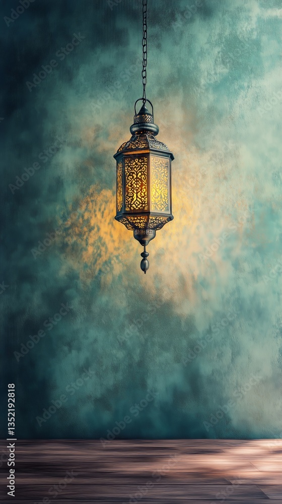 Poster hanging decorative lantern casting warm light in a tranquil setting with a textured background
