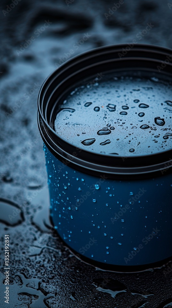 Poster a tight shot of water droplets splattering on a metal surface, resulting in an enchanting display of