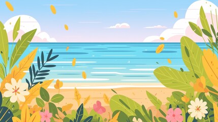 Fototapeta premium Vibrant coastal scene with colorful flowers in the foreground and a serene ocean view